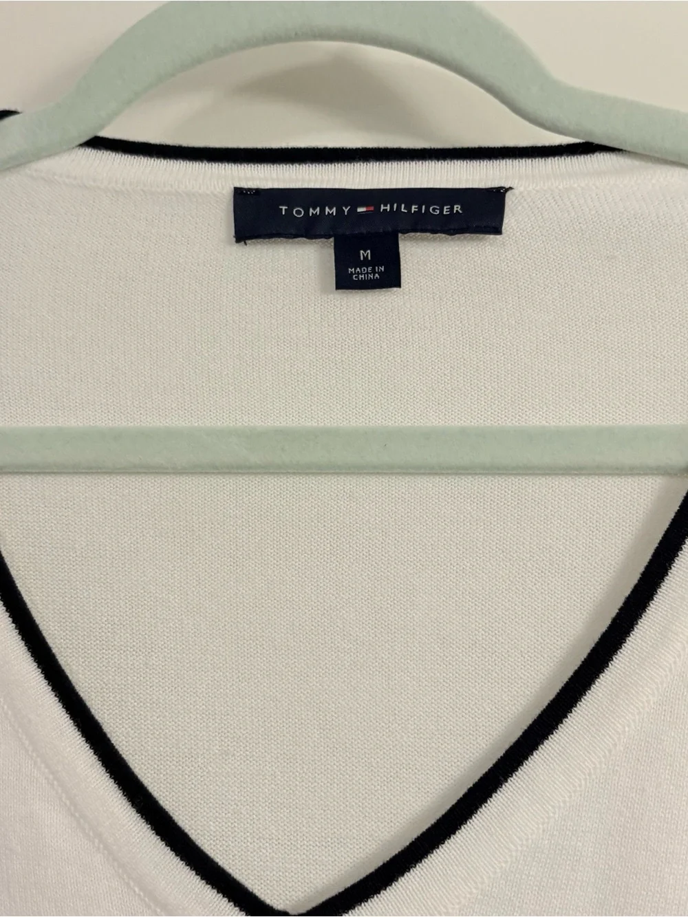 Tommy Hilfiger White V-Neck Sweater with Red & Navy Stripe Cuffs